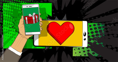 Cartoon Smartphone, comic book Telephone with Heart and gift box. Retro vector comics pop art design.