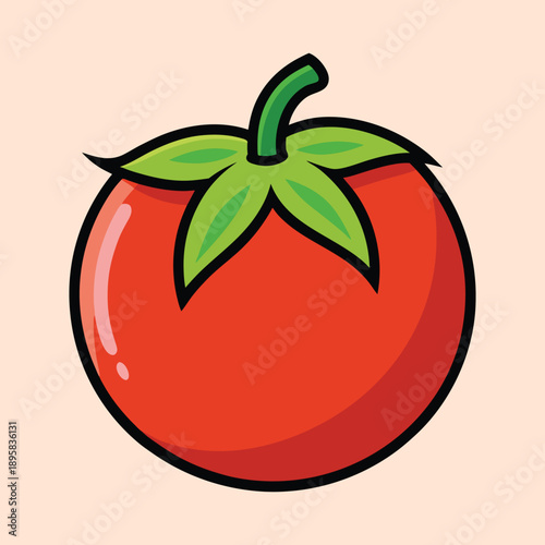 Illustration of a ripe red tomato with green stem and leaves