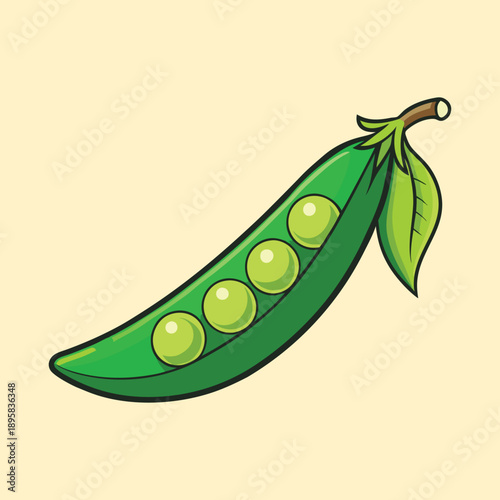 A cartoon style pea pod with four peas inside, perfect and green