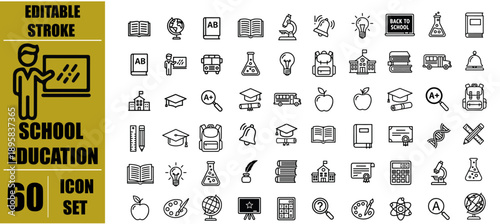 Obraz na płótnie School Education Line Icons Set – Book, Pencil, Graduation Cap, Teacher, Student