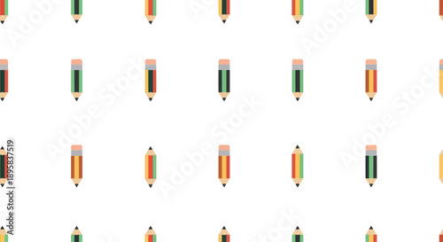 Flat design pattern of colorful pencils with erasers, repeating graphic elements on white background