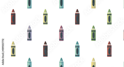 Seamless pattern of colorful crayons scattered on a white background, flat design illustration