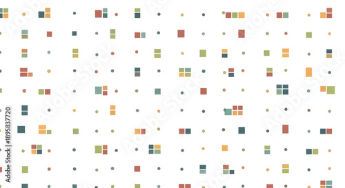 Abstract geometric pattern of small squares and dots in muted colors on a white background.