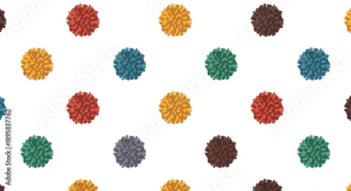 Seamless pattern of colorful pom-poms on a white background