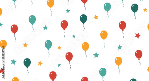 Seamless pattern of colorful balloons and stars on a white background, flat design illustration.