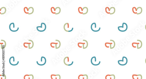 Abstract repeating pattern of stylized shapes in pastel colors on a white background.