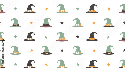 Seamless pattern of witch hats and stars on a white background, flat design illustration.
