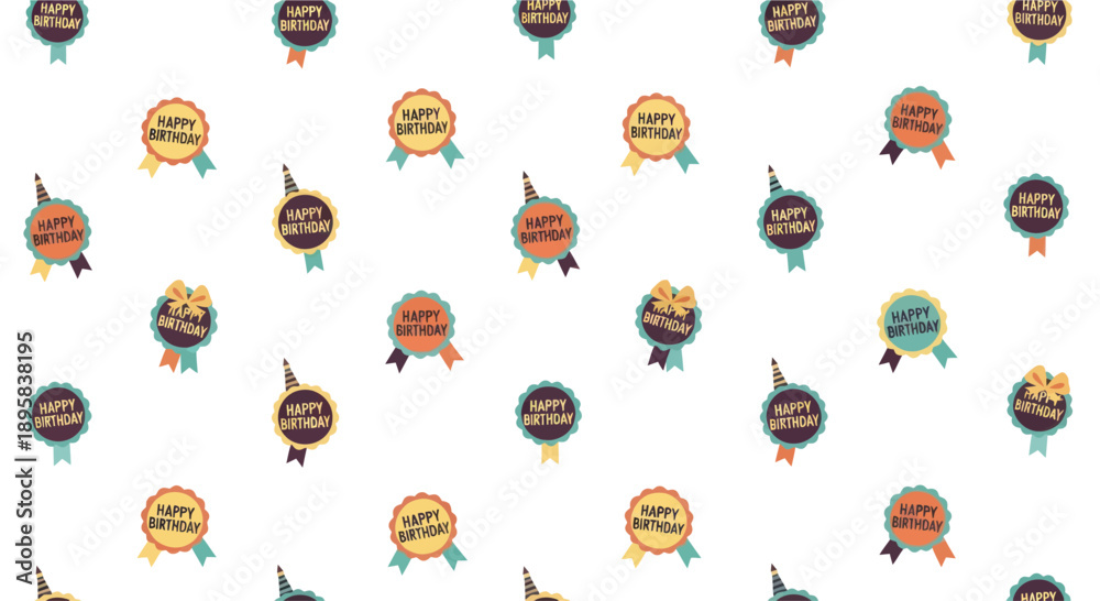 Fototapeta premium Happy Birthday badges with ribbons and party hats arranged in a repeating pattern on a white background.