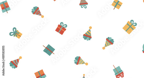 Scattered birthday gifts and party hats on a white background, flat design vector illustration.