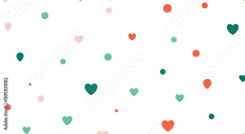 Simple repeating pattern of small hearts and dots in pastel colors on a white background.