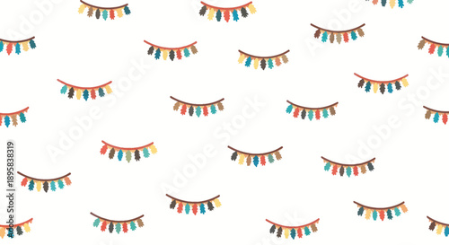 Colorful party bunting flags arranged in a repeating pattern on a white background, vector art.