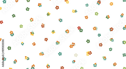 Scattered small colorful flowers motif on white background, flat design vector illustration
