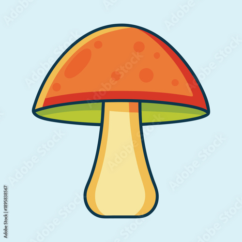 Cartoon Mushroom with Orange Cap and Yellow Stem on Light Blue Background