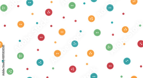 Colorful buttons and dots scattered on a white background, flat design vector pattern