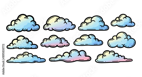 A collection of fluffy, cartoon-style clouds with colorful highlights, presented in a top-down arrangement.