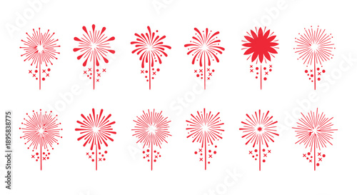 A collection of twelve red stylized fireworks illustrations on a white background.