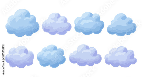 A collection of eight fluffy, cartoon-style clouds in varying shades of blue and purple, presented against a white background.