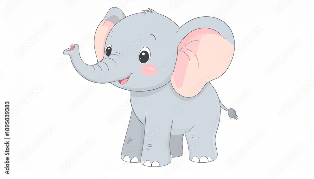 Obraz premium Cute baby elephant walking with trunk up and large pink ears cartoon illustration for kids