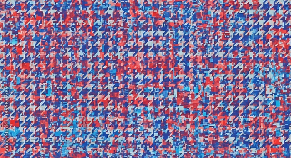 Fototapeta premium A striking houndstooth pattern is presented with a distressed texture, featuring a vibrant combination of red and blue colors.