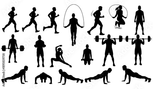 Gym and Fitness Silhouette Set – Men & Women Exercising Vector