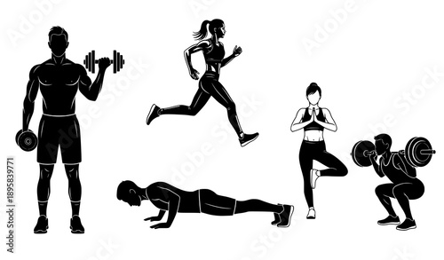 Full Body Fitness & Exercise Vector Collection – Black & White Silhouettes
