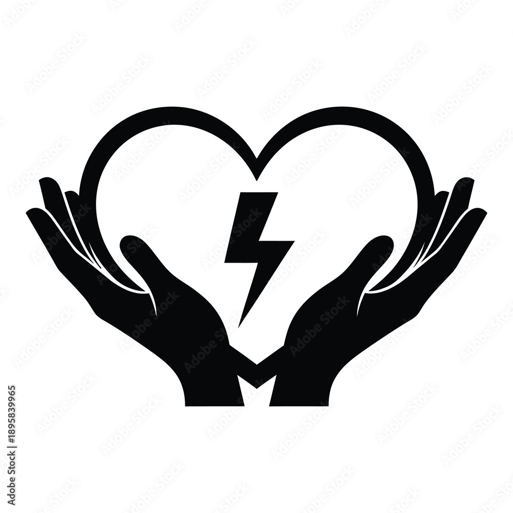 Obraz premium Heart symbol with lightning bolt cradled gently in supporting hands representing love and energy on white background. on white background