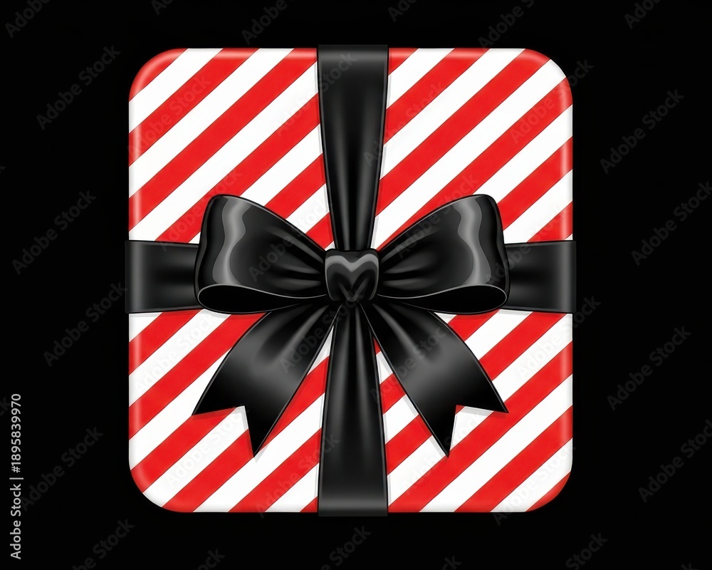 Obraz premium Square shaped present wrapped in diagonally striped paper with a large black ribbon and bow is centered against a dark background