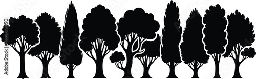 Black forest tree silhouette lineup featuring diverse deciduous and conifer shapes on white background, minimalist nature vector illustration set