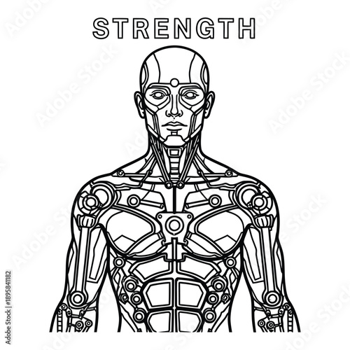 futuristic robotic humanoid figure illustration representing strength and technological advancement with detailed mechanical components on white background
