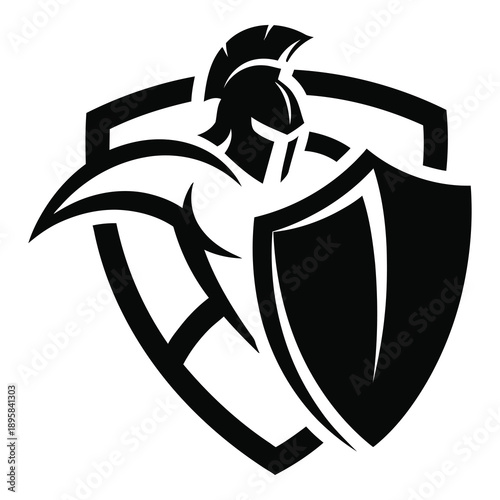 Modern stylized knight helmet logo design with shield emblem on white background