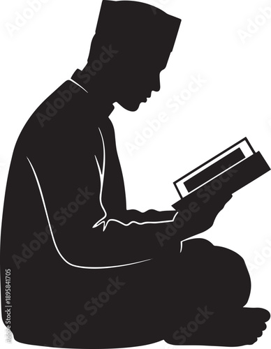 Silhouette of a man reading the Quran in a seated position, evoking spirituality and Ramadan devotion.