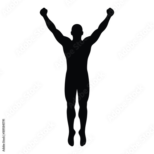 Silhouette of a muscular man celebrating with raised arms in triumph and victory on white background. on white background