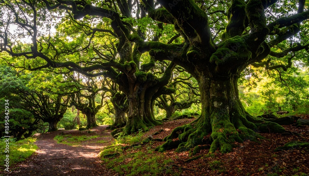 Fototapeta premium Ancient, gnarled trees with moss-covered branches line a path, bathed in dappled sunlight creating a mystical, enchanted feel