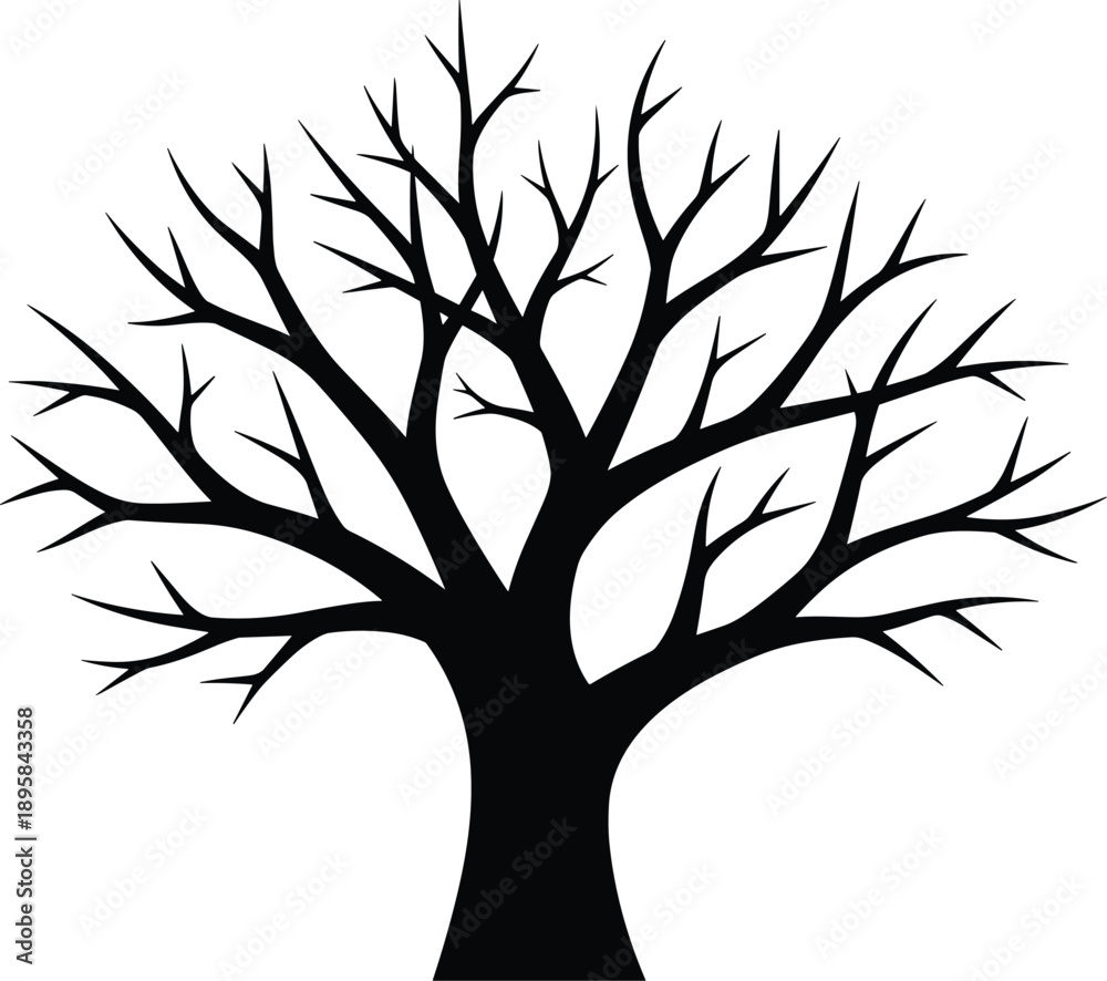 Obraz premium Bare Tree Silhouette Illustration with Branches, Black Nature Symbol Isolated on White Background for Minimal Design Use