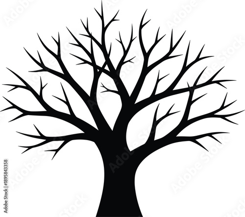 Bare Tree Silhouette Illustration with Branches, Black Nature Symbol Isolated on White Background for Minimal Design Use