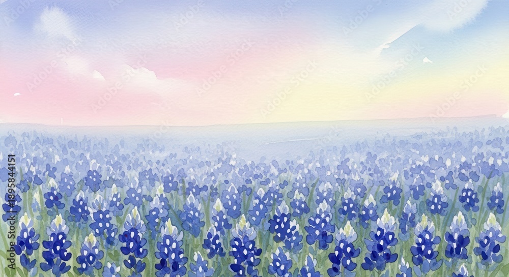 Naklejka premium Bluebonnet Field Under a Pastel Sky - A Serene Landscape Painting.