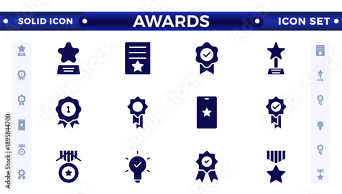Awards and Bonuses solid icons set. Vector illustration in modern solid style of icons, such as: Cups, Awards, Medals, Diplomas, Champion, Number One, Stars, Winner, Ribbon.