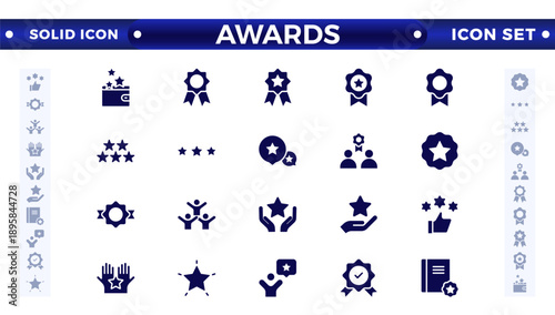 Awards and Bonuses solid icons set. Vector illustration in modern solid style of icons, such as: Cups, Awards, Medals, Diplomas, Champion, Number One, Stars, Winner, Ribbon.
