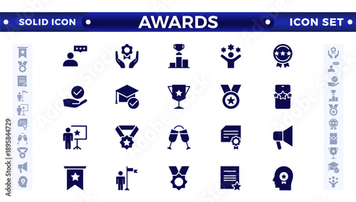 Awards and Bonuses solid icons set. Vector illustration in modern solid style of icons, such as: Cups, Awards, Medals, Diplomas, Champion, Number One, Stars, Winner, Ribbon.