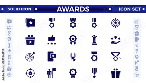Awards and Bonuses solid icons set. Vector illustration in modern solid style of icons, such as: Cups, Awards, Medals, Diplomas, Champion, Number One, Stars, Winner, Ribbon.