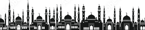 Islamic mosque silhouette skyline graphic with domes and minarets black