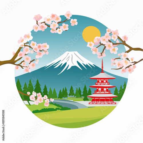 富士と桜と五重塔の絶景
