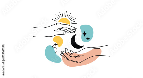 Mystical illustration of two hands reaching towards a sun and crescent moon with abstract shapes and stars for spiritual art.