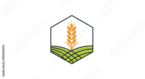 Agricultural logo design featuring a golden wheat stalk over green fields enclosed in a black hexagon frame for farm products.