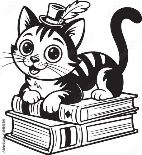  Cute bookworm cat with top hat & feather whimsical vector image