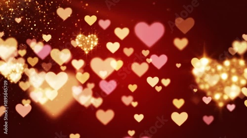 Blurred pink gold and white heart shapes on red background. Ideal for valentines day, wedding, love themes, background designs.