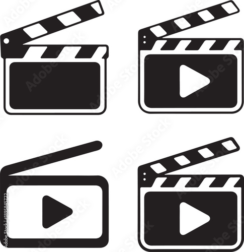 Four black and white movie clapboard icons with play buttons