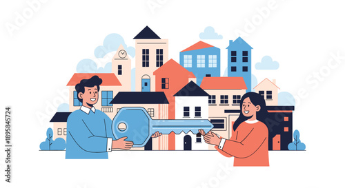 Happy couple holding a giant blue house key in front of a colorful urban city landscape to represent new home ownership.