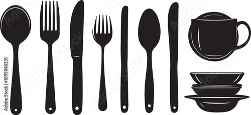 A professional set of stainless steel silverware featuring a fork, spoon, and knife isolated on a white background for a clean kitchen cutlery tabletop dining setting