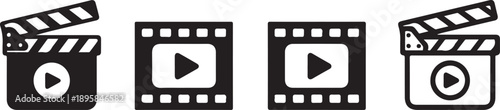 Film clapboard and video play button icons on white background
